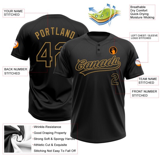 Custom Black Black-Old Gold Two-Button Unisex Jersey