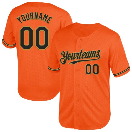 Custom Orange Black-Old Gold Mesh Authentic Throwback rugby Jersey